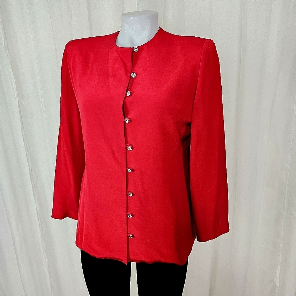 Mark Heister red silk jacket with rhinestone gem buttons size small